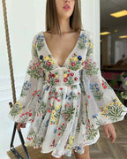 Vestido de verano para mujer, con diseño bordado de malla y mangas abullonadas, vestido de hada para fiesta de cumpleaños