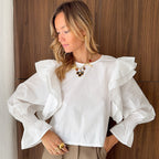 Blusa de oficina para mujer, de poliéster y algodón, suave, blanca, con mangas voladoras, sin espalda, con aberturas y mangas largas