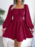 Spring Summer Casual Solid Color Selvedge Square Neck Cinched Large Swing Dress Women Clothing BAGIISA