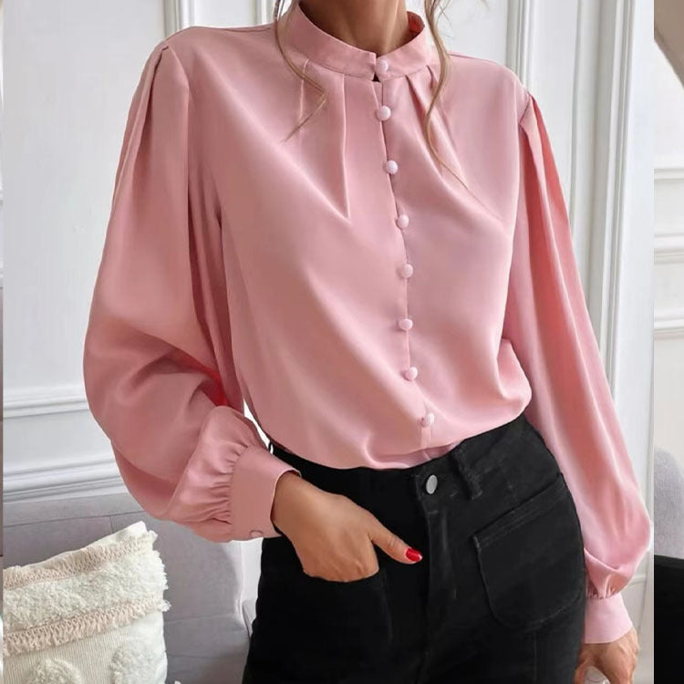 Chemise femme automne élégante couleur unie col manches longues une rangée de boutons ample