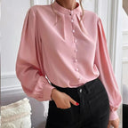 Chemise femme automne élégante couleur unie col manches longues une rangée de boutons ample