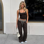Leopard Print Contrast Color Waist Drawstring Wide Leg Pants Slim Fit Two Piece Sling Casual Street Homewear Set LingSharp
