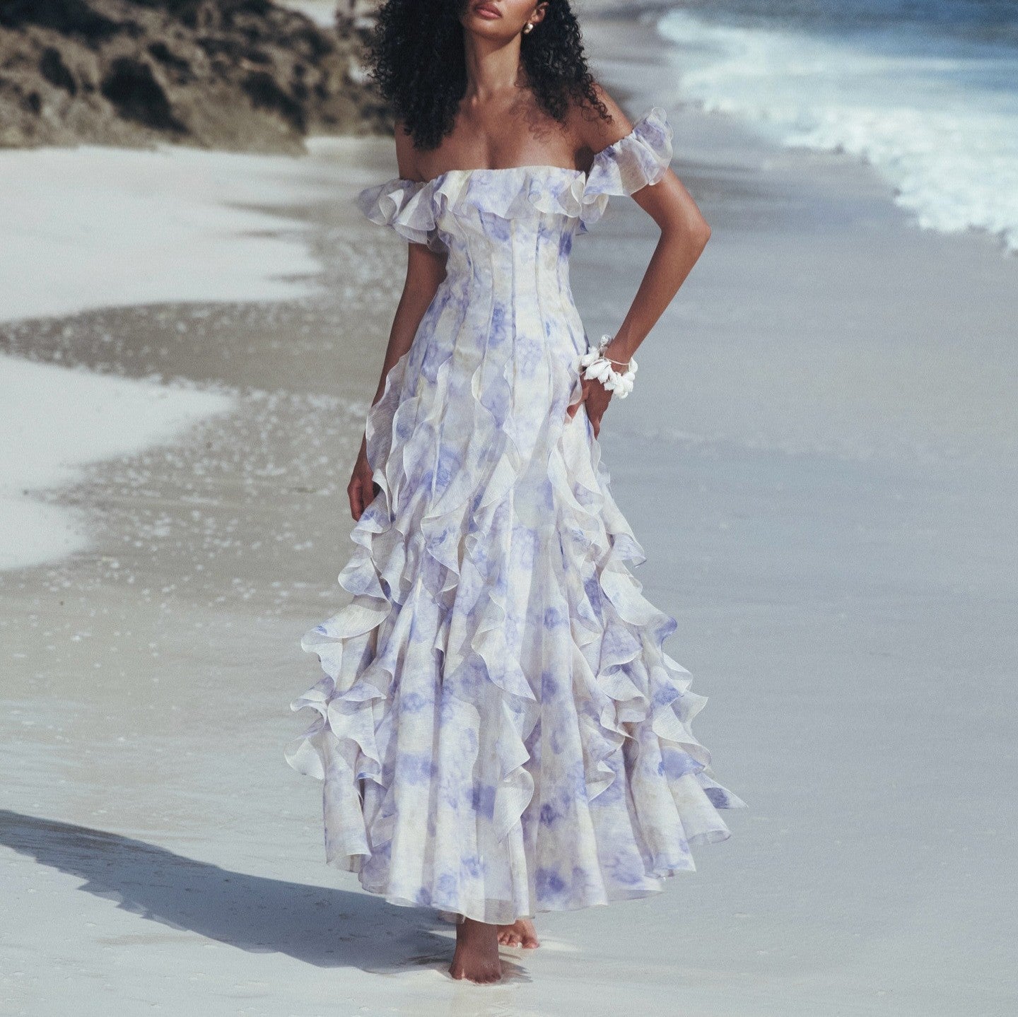 Seaside Vacation Cami Dress Yarn French Ruffled Beach Dress Atmosphere Maxi Dress Elegant