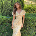 Summer French Elegant Floral Lace V neck Dress Wave Idyllic Vacation Asymmetric Skirt LingSharp