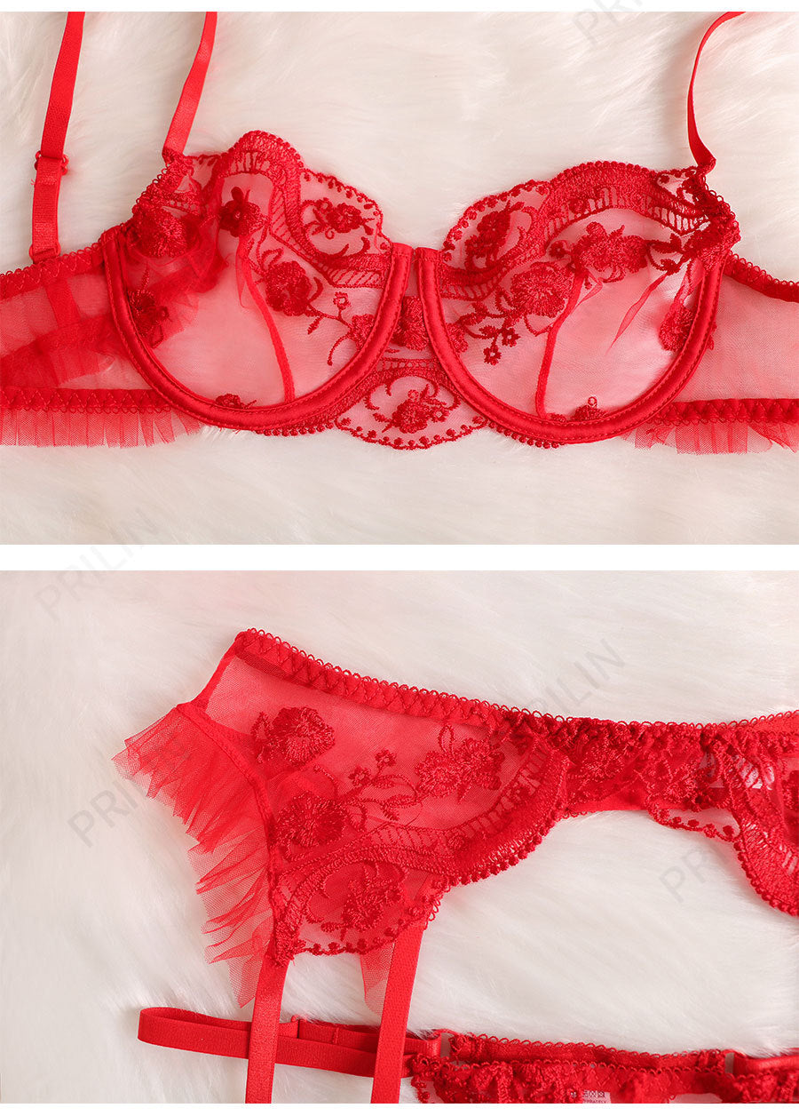 Mesh Embroidered Printed Lace Edge Garter Sexy Three-Piece Set