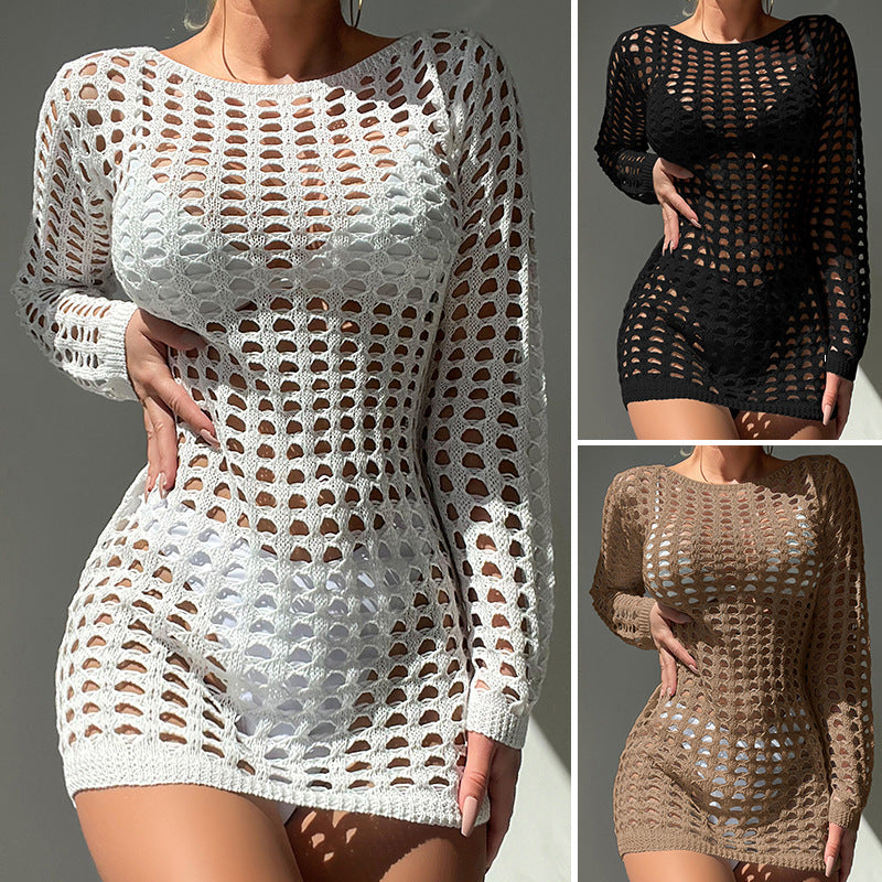 Sexy Slim Plaid Texture Pullover Hollow Out Cutout Beach Sun Protection Beach Cover Up Crochet hook