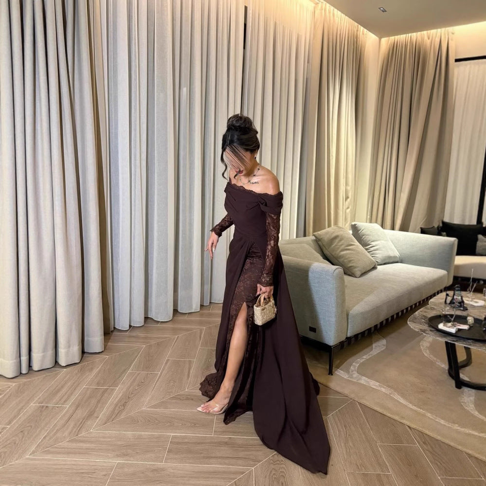 Spring Summer Women Clothing Tube Top Stitching Lace Long Sleeve Big Hem Elegance Retro Dress