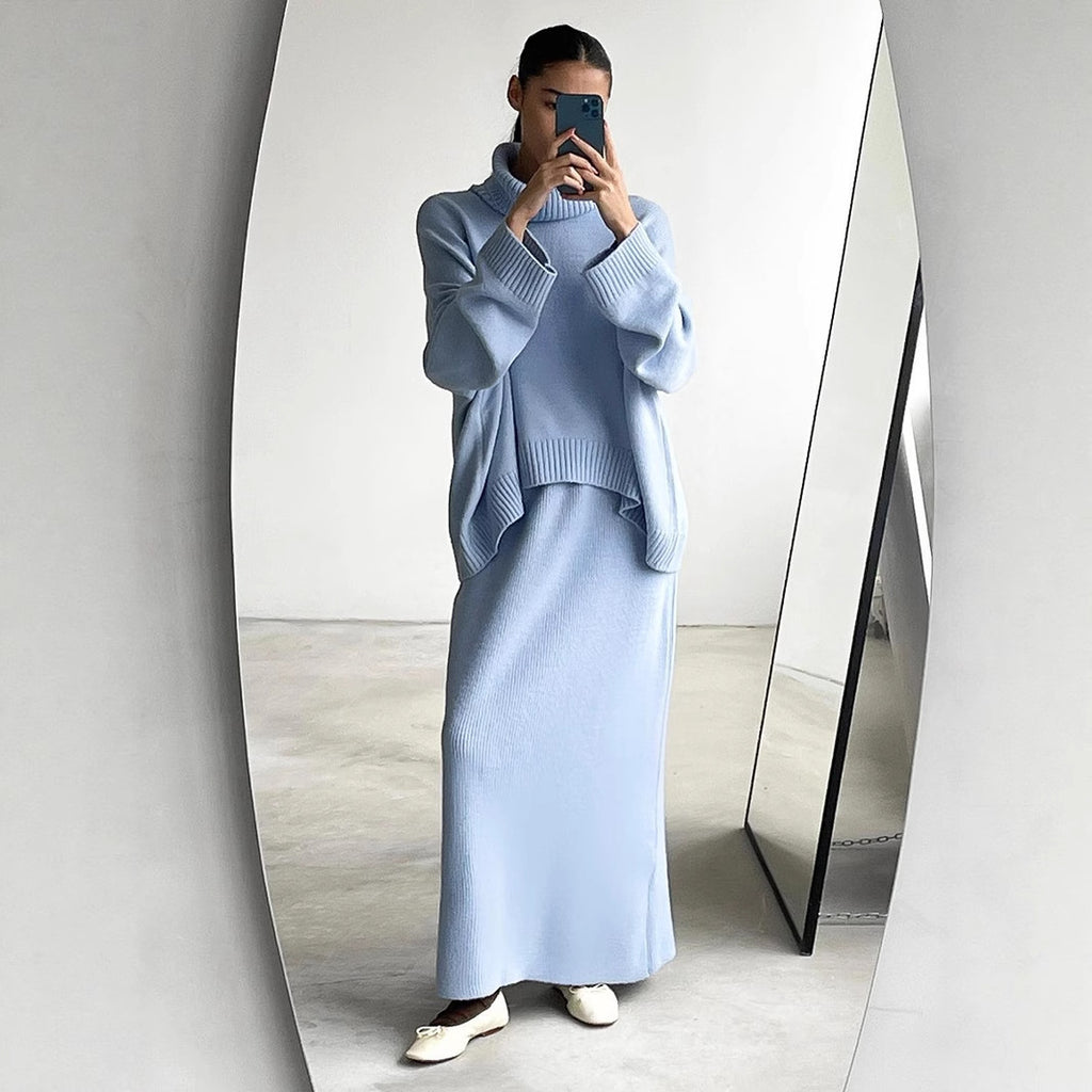 Conjunto de suéter y falda de cuello alto para mujer, otoño e invierno, suéter de punto suelto de dos piezas, conjunto para mujer