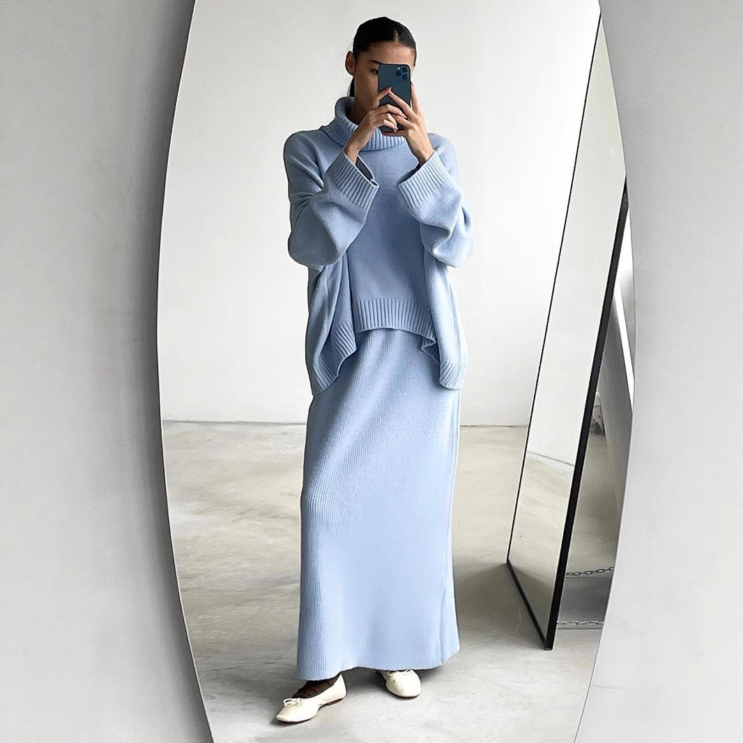 Conjunto de suéter y falda de cuello alto para mujer, otoño e invierno, suéter de punto suelto de dos piezas, conjunto para mujer