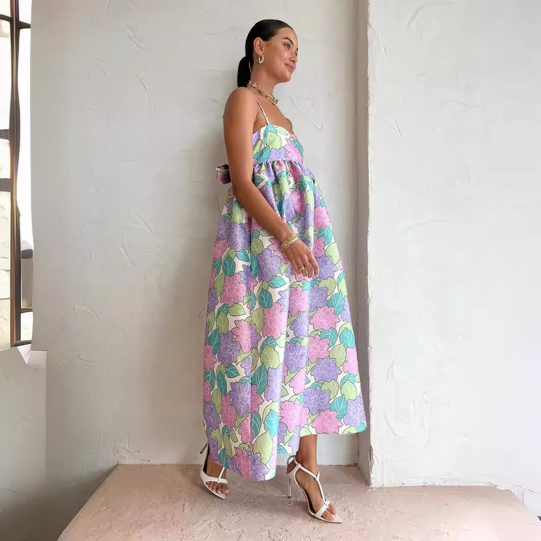 Casual Elegant Printed Sling Loose Sleeveless Backless Large Swing Dress Gemi