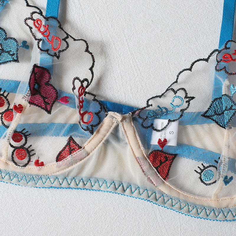 Sexy Cartoon Mesh Lip Enhancement Printed Garter Three Pieces Sexy Suit