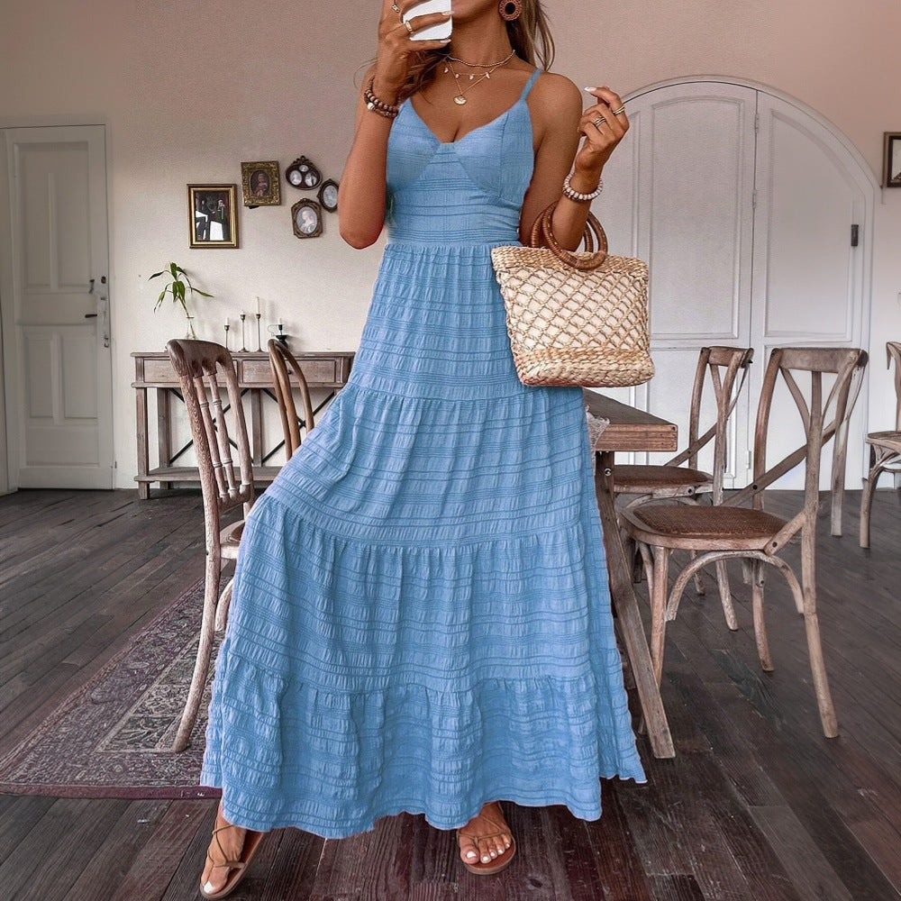 Women Clothing Summer Elegant Solid Color Sling Large Swing Dress Yiskiss