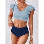 Maillot de bain fendu coupe slim col en V coutures volantées de couleur contrastée maillot de bain femme bikini