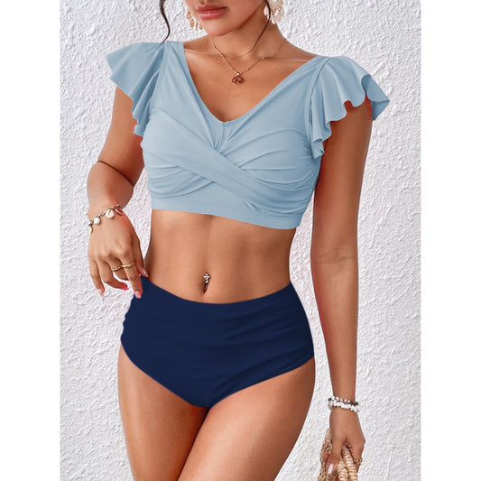 Traje de baño dividido, corte entallado, cuello en V, color contrastante, con volantes y costuras, para mujer