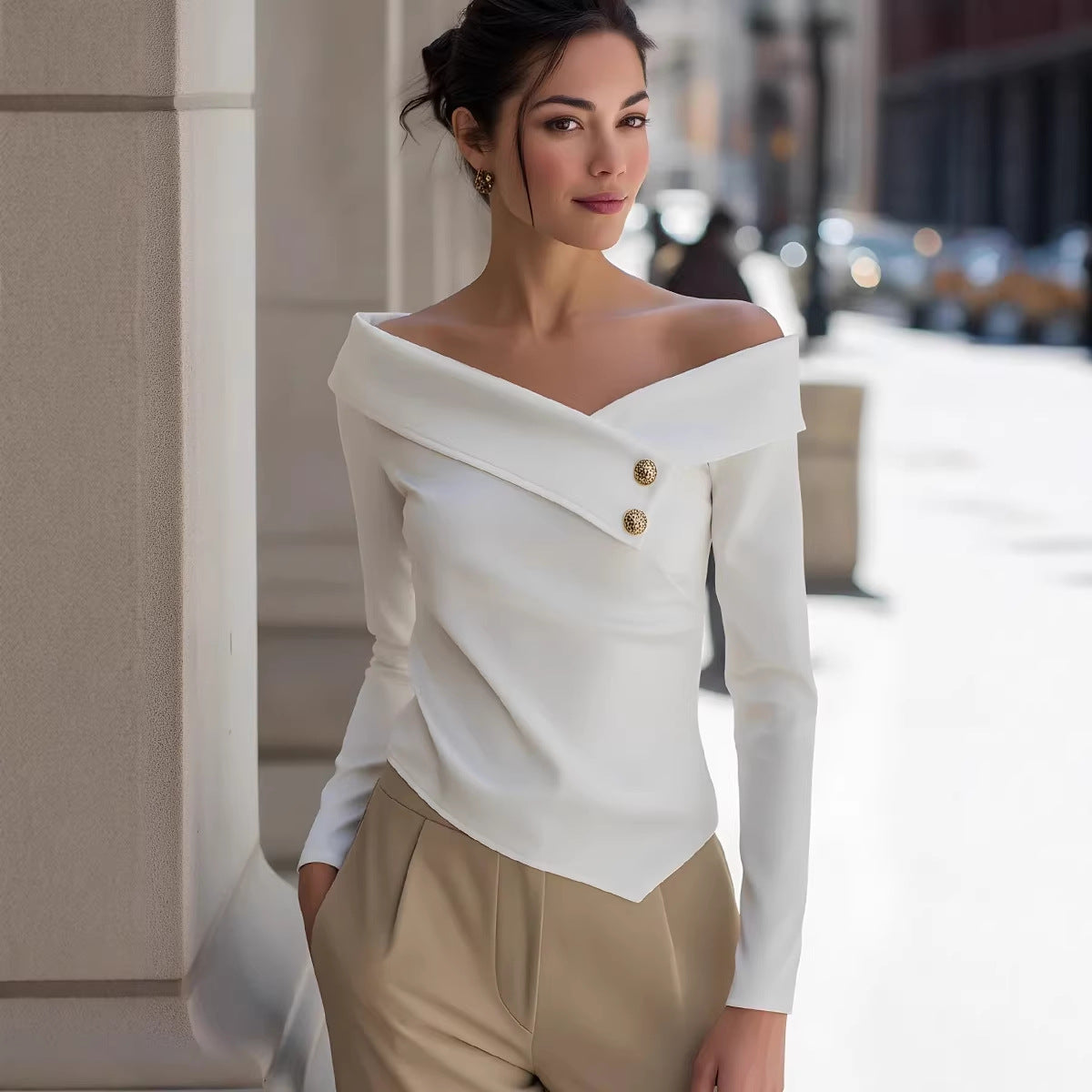 Women Clothing Spring Autumn Elegant Graceful off Shoulder Bottoming Long Sleeve Solid Color NEWMELANCE