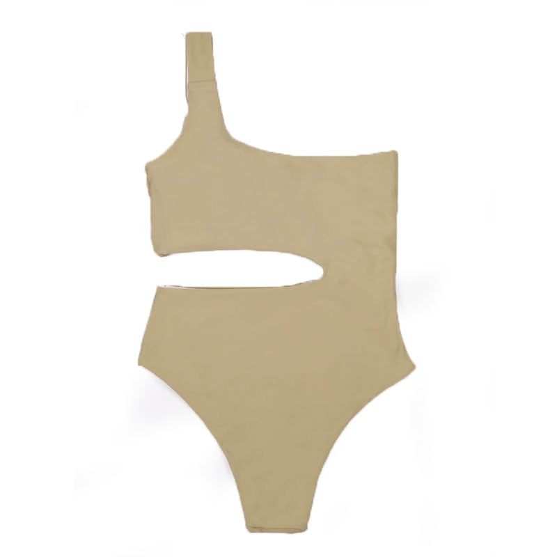 Traje de baño de una pieza de color sólido para mujer, traje de baño sexy con cintura ahuecada, traje de baño de un solo hombro, traje de baño bicolor