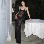 Spring Summer Women Mesh Sexy See through V neck Backless Slim Fit Sling Dress
