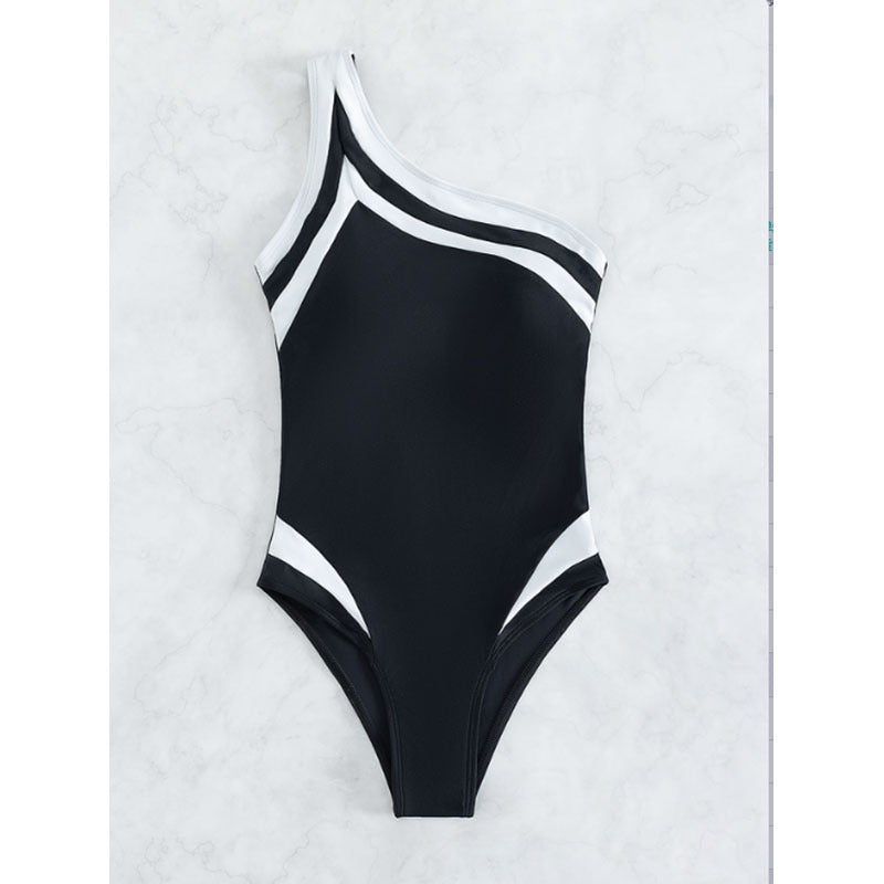 Mono de un hombro con bloques de color para mujer, traje de baño de playa de primavera con cobertura de vientre conservador