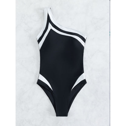 Mono de un hombro con bloques de color para mujer, traje de baño de playa de primavera con cobertura de vientre conservador