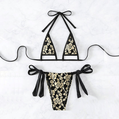 Swimwear Women Lace up Halterneck Split Bikini Three Point Sexy Beach Swimsuit