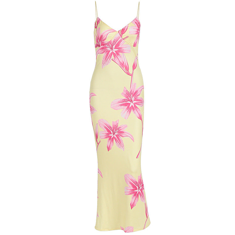 Summer Women Clothing Sexy Printing V-neck Brace Backless Slimming Dress WensDiva