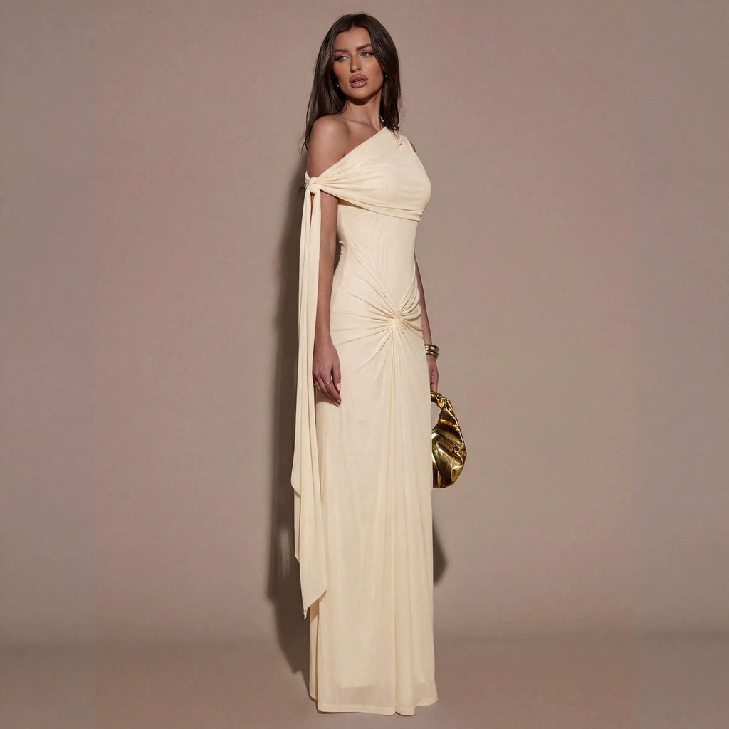 Women Clothing Oblique Shoulder Irregular Asymmetric Maxi Dress Pleated Slim Summer Dress for Women WensDiva