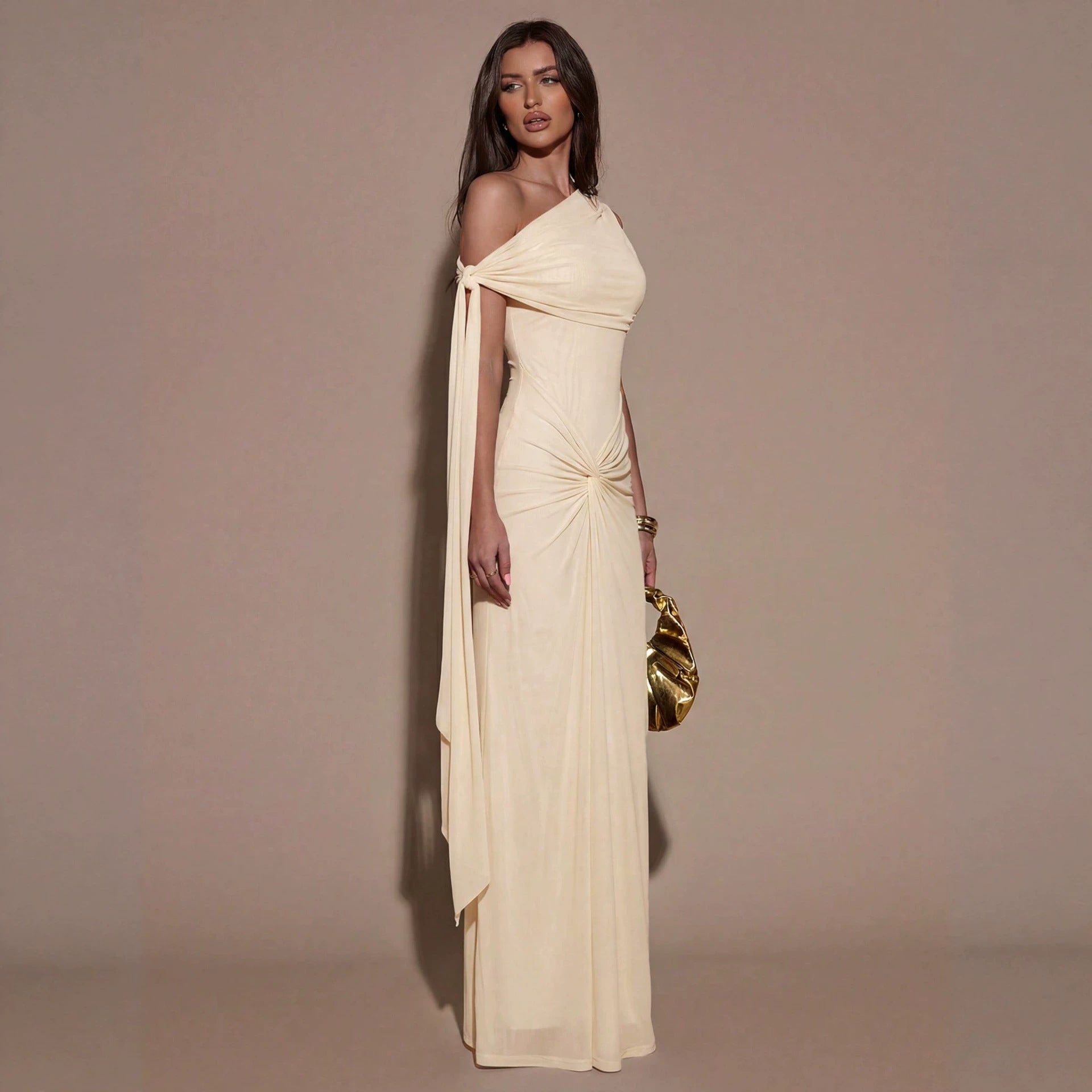 Women Clothing Oblique Shoulder Irregular Asymmetric Maxi Dress Pleated Slim Summer Dress for Women WensDiva