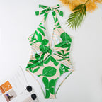 Maillot de bain une pièce amincissant pour femme, style rétro, imprimé vert, robe en mousseline de soie