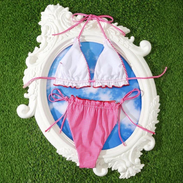 Maillot de bain sexy à carreaux et nœud pour femme, bikini fendu, motif floral