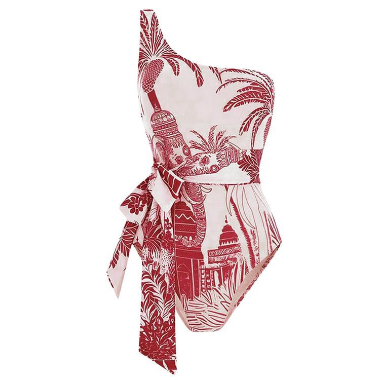 Maillot de bain une pièce amincissant à épaules inclinées et ceinture imprimée pour femme