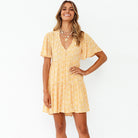 Spring Summer New V-neck Flared Short Sleeve Printed Pleated Large Swing Dress Women Clothing Angel