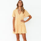 Spring Summer New V-neck Flared Short Sleeve Printed Pleated Large Swing Dress Women Clothing Angel