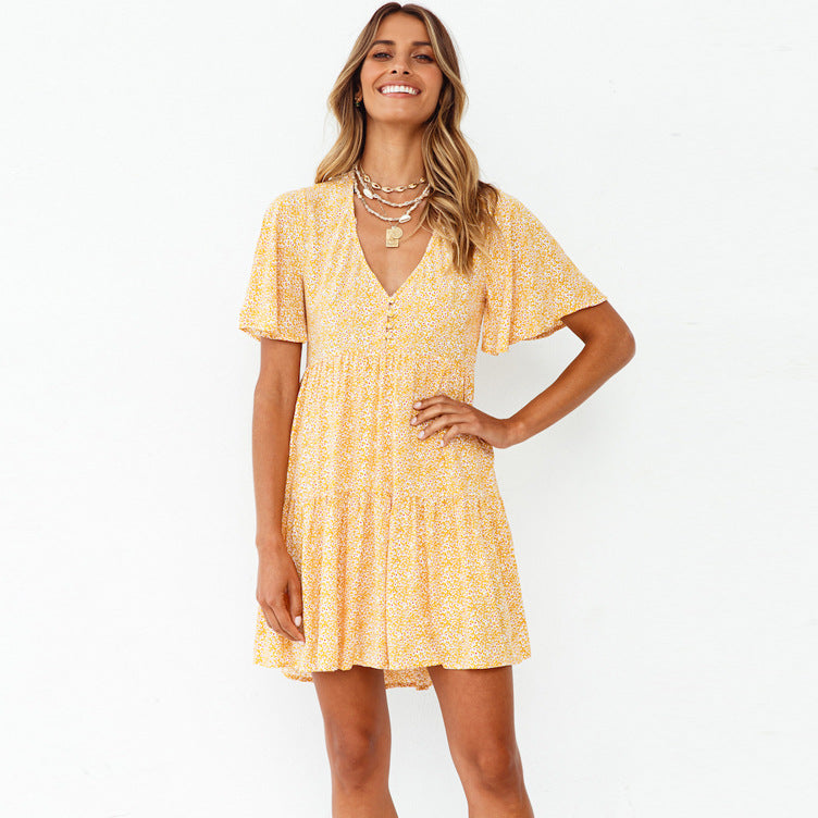 Spring Summer New V-neck Flared Short Sleeve Printed Pleated Large Swing Dress Women Clothing Angel