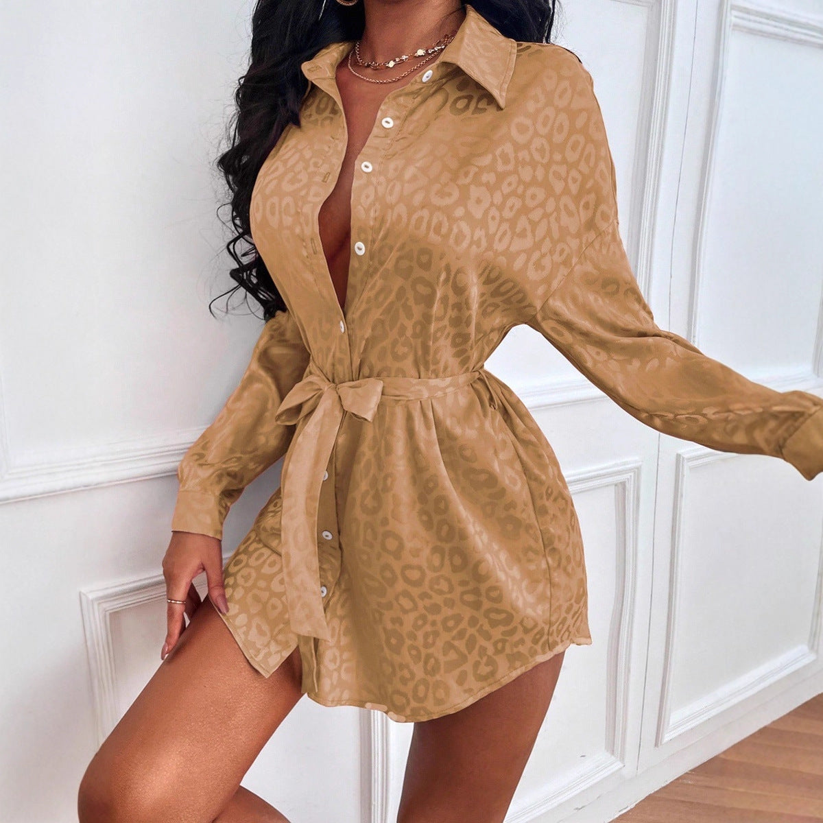 Women Clothing Autumn Satin Shirt Leopard Print Long Sleeve Lining