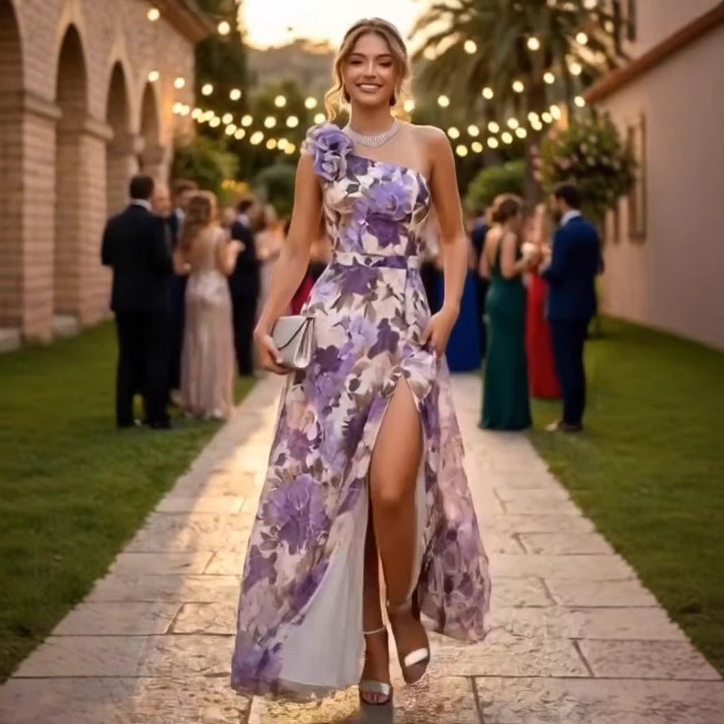 Summer Slim Fit Slimming Waist Slant Shoulder Floral Print Slit Maxi Dress SCC