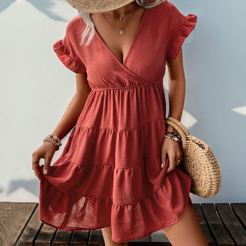 Summer Women Stomach Blanket Raglan Sleeve Solid Color Dress HUNDRED