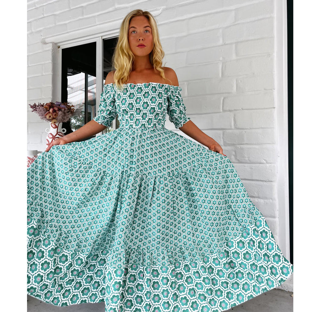 Women Clothing Printed Puff Sleeve Large Swing Dress XUYUN
