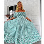 Women Clothing Printed Puff Sleeve Large Swing Dress XUYUN