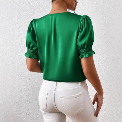 Satin V neck Buttons Shirt Spring Autumn French Casual Short Sleeve Ruffle Blouse