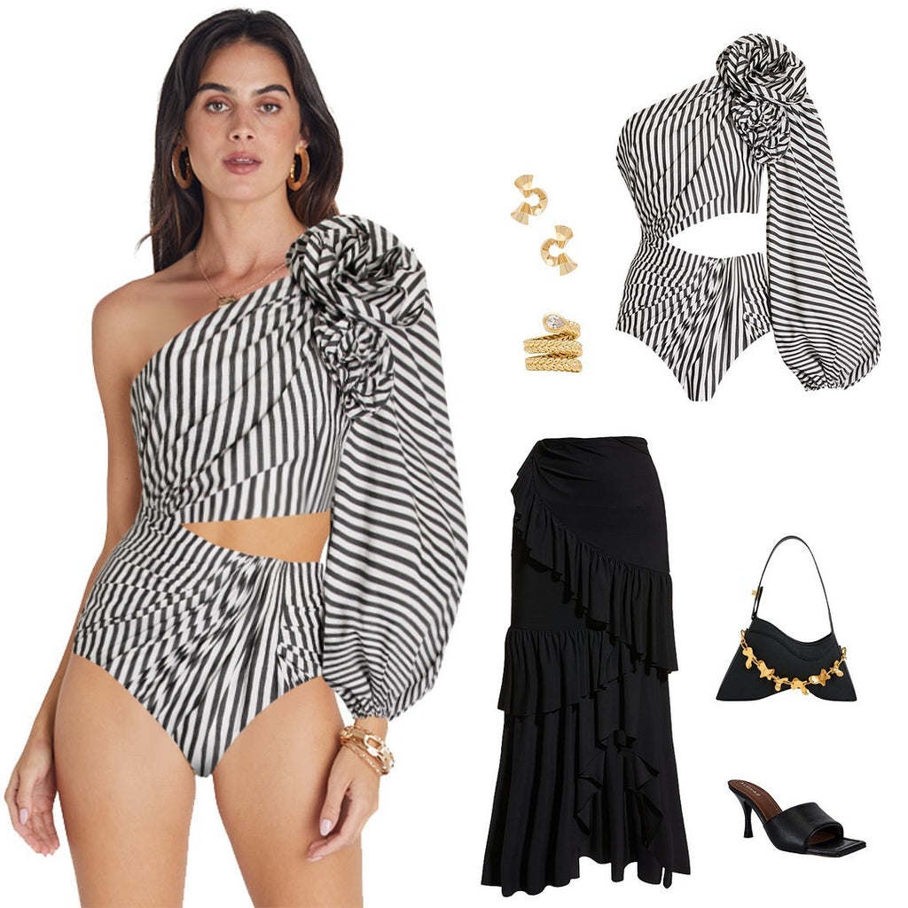 Maillot de bain une pièce sexy pour femme, plissé, à volants, rayé, bikini, robe longue en maille