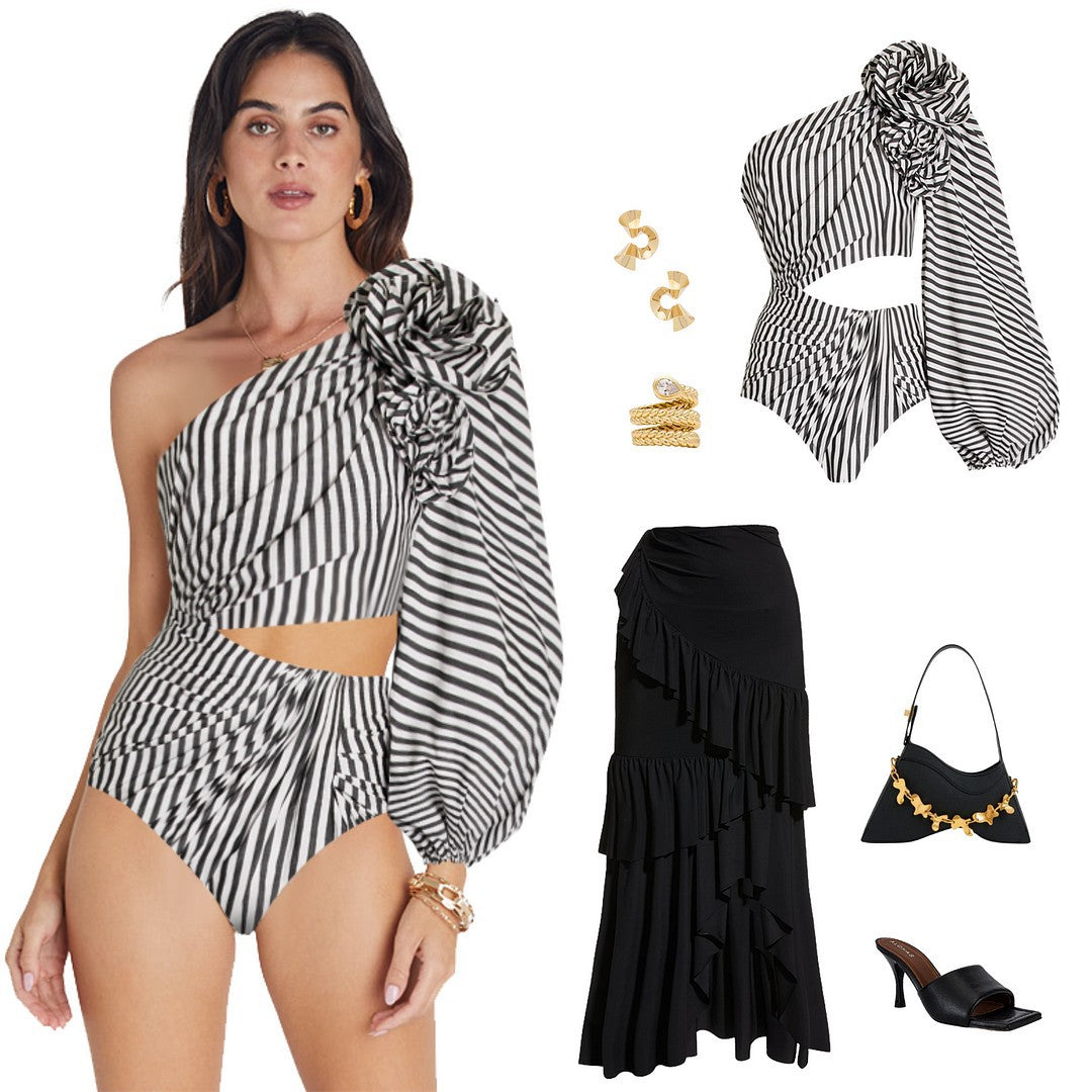 Traje de baño de una pieza sexy para mujer, traje de baño plisado con volantes y rayas, bikini de malla, vestido largo