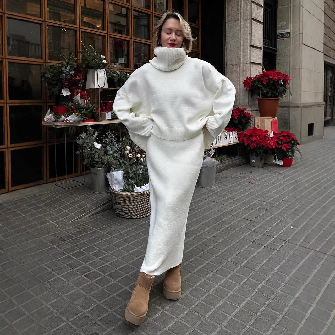 Conjunto de suéter y falda de cuello alto para mujer, otoño e invierno, suéter de punto suelto de dos piezas, conjunto para mujer