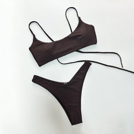 Bikini sexy de color sólido dividido para mujer, traje de baño para mujer