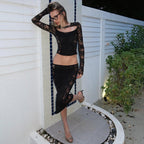 Summer Women Clothing Sexy Lace Cutout Long Sleeved Vest Low Waist Slim Skirt Set for Women YIMAIL