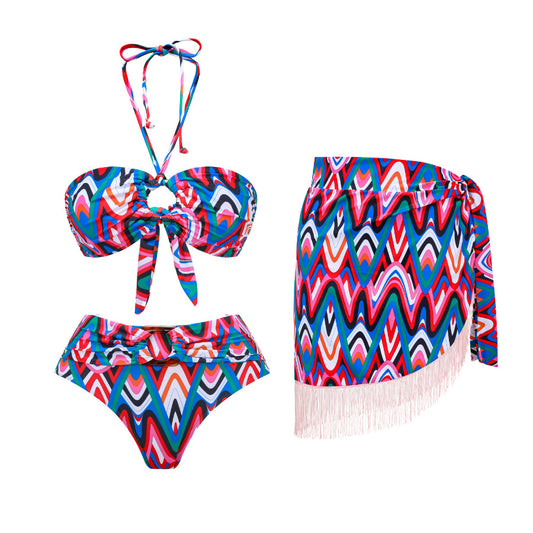 Bikini push up sexy de cintura alta, bikini dividido de tres piezas, traje de baño de gasa para mujer