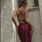 Women Clothing Spring Summer Solid Color Sexy Backless Hip Slimming Long Strap Dress SaturdayNight