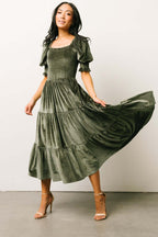 Spring Summer Gold Velvet Square Collar Ruffles High Waist Tight Office Dress DREAMCHIN