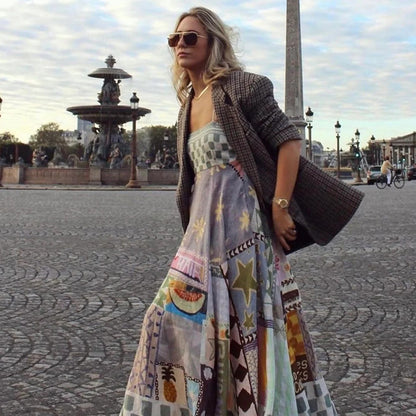 Elegant Casual Design Print Strap Slim High Waist Slimming Maxi Dress Women Clothing Ory