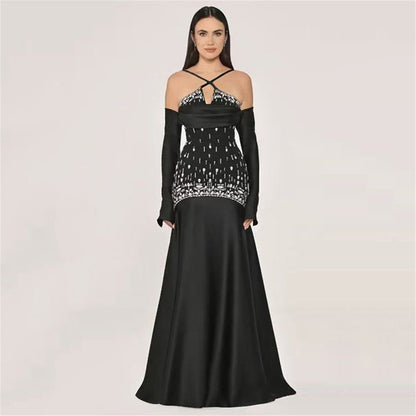 Luxury Beads Rhinestones Sexy Cross Sling Bandage One Piece Dress Dinner Party Dress