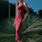 Sexy Women Clothing Sexy Backless V neck Midi Dress Skinny Sheath Split Halter Dress REBECCA